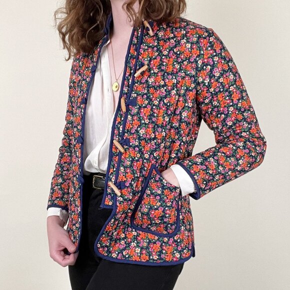 Vintage Quilted Floral Print Toggle Duffle Pea Coat Barn Puffer Jacket 60s 70s - Picture 4 of 11